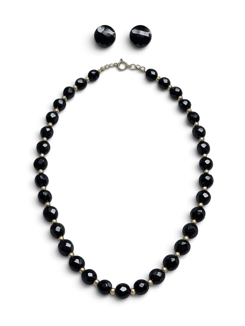 Vintage Black Faceted Bead Necklace & Stud Earrings Gold Tone Set